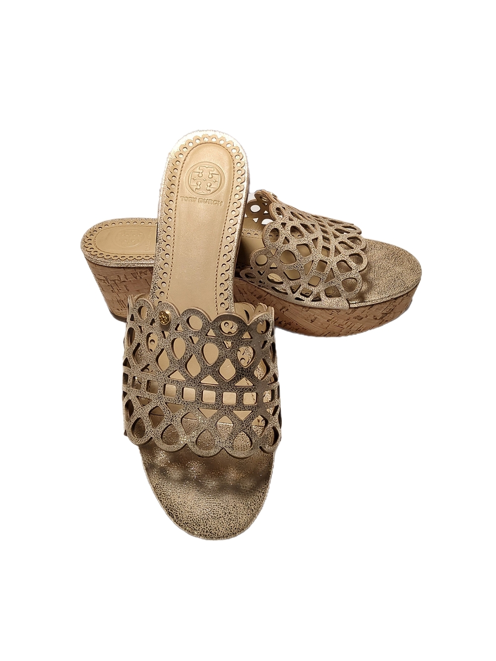 Tory Burch Metallic Gold Laser-Cut Cork Mules